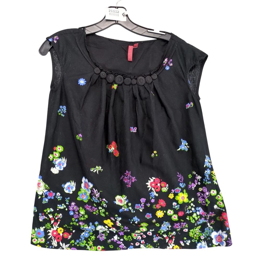 Anthropologie One September‎ Black Floral Blouse Top Petite S Wildflower Cottage